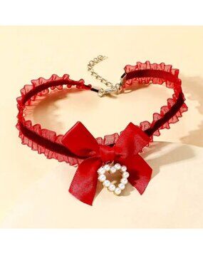 Choker Necklace Collar Lace Sexy Bow Pearl Heart Scene Rave Costume Glam Stylish